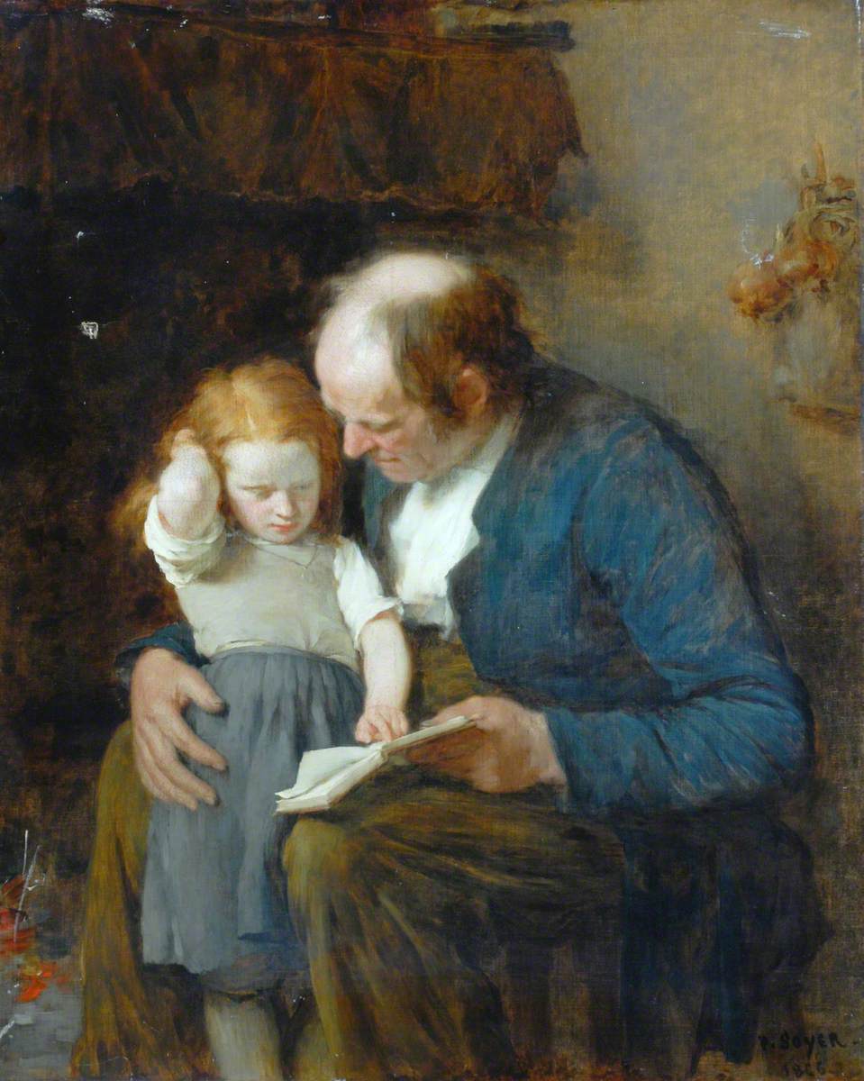 Soyer, Paul Constant, 1823-1903; Old Man and a Young Girl Learning to Read